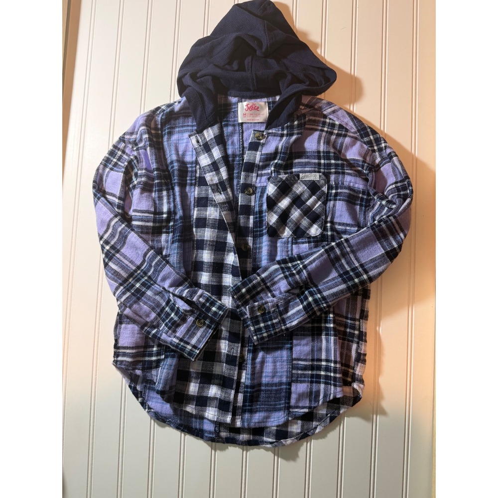 Justice Girls Purple Plaid Hooded Flannel Shirt Size M 10 Button Down Hoody
